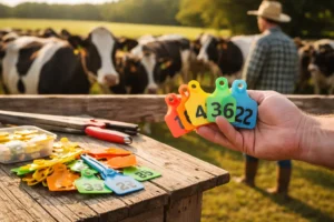 Selección de chapetas para ganado por tamaños y colores para identificar terneras y vacas, optimizando el control de lotes y pesajes en la finca.
