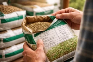 Compra de semillas agrícolas certificadas: verificación de la etiqueta del saco para confirmar pureza, germinación y trazabilidad.