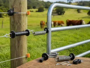 Configuración de accesorios para portones de cerca eléctrica: manijas aisladas y resortes conductores instalados para evitar fugas de energía en los accesos del potrero.