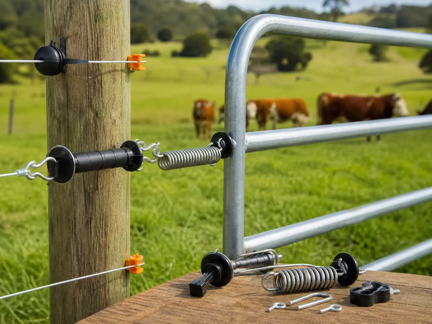 Configuración de accesorios para portones de cerca eléctrica: manijas aisladas y resortes conductores instalados para evitar fugas de energía en los accesos del potrero.